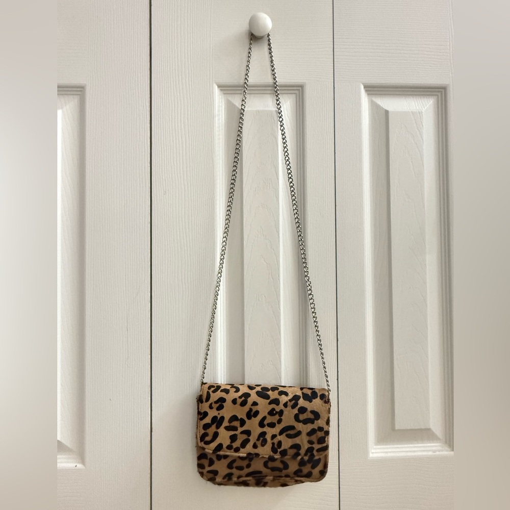 Steve Madden Leopard Print Silver Chain Shoulder Bag Calf Hair Crossbody
